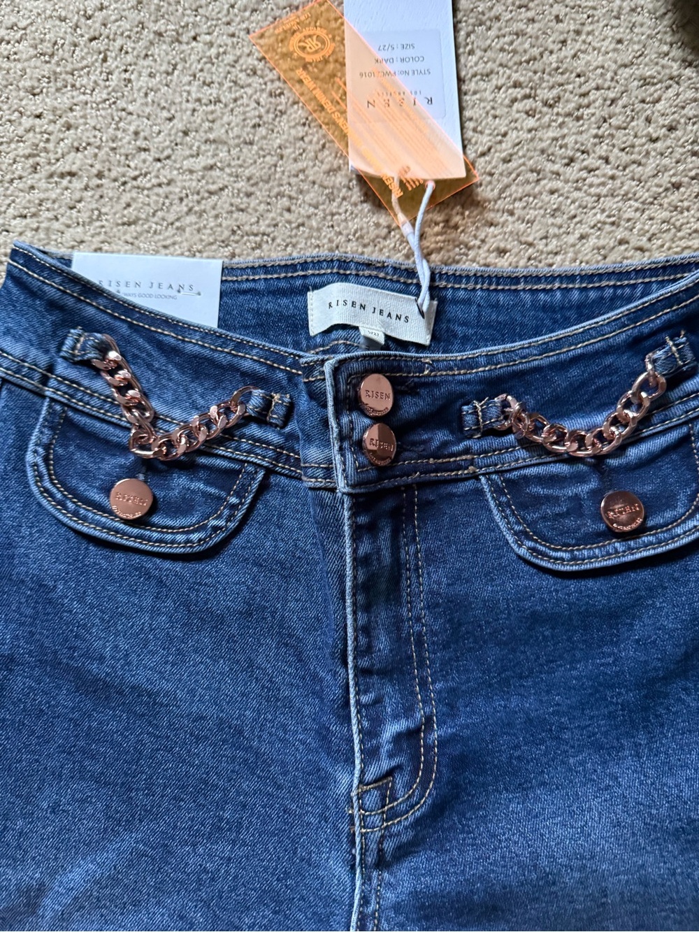 Risen Women's Dark Blue Wide-Leg Jeans with Chain Trim - Picture 3 of 12